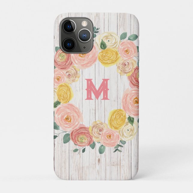 Aged Wood Monogram Rose & Eucalyptus Wreath Case-Mate iPhone Case (Back)