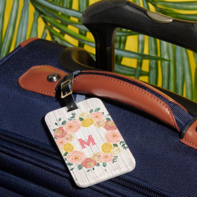 Aged Wood Monogram Rose & Eucalyptus Wreath Luggage Tag (Front Insitu 1)