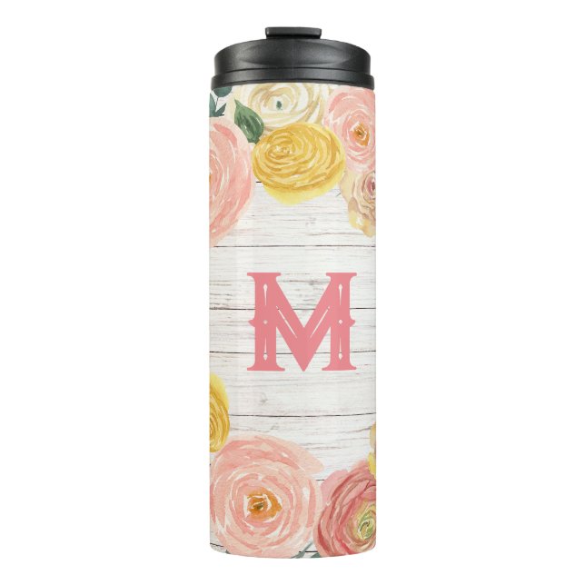 Aged Wood Monogram Rose & Eucalyptus Wreath Thermal Tumbler (Front)