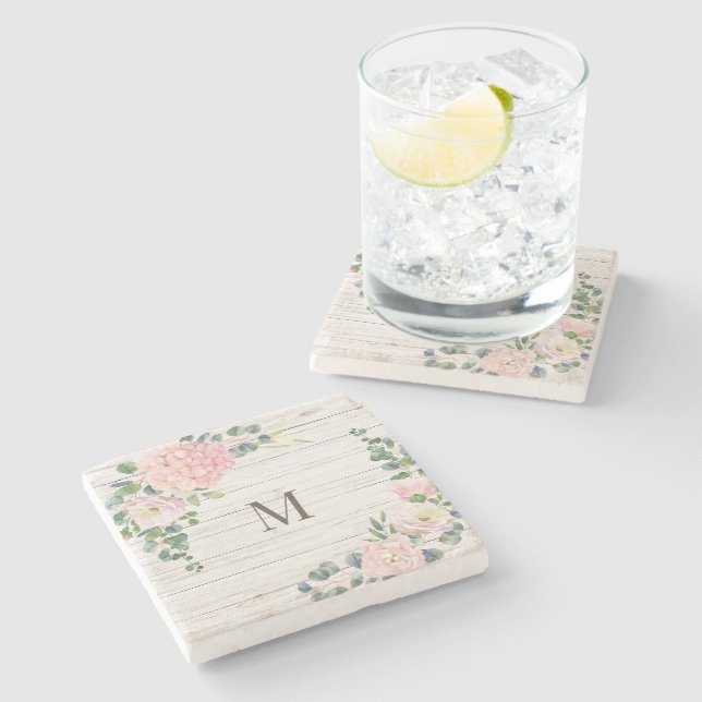 Aged Wood Monogram Rose Hydrangea & Eucalyptus Stone Coaster (Side)