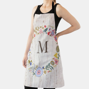 Aged Wood Monogram whimsical Flowers Apron