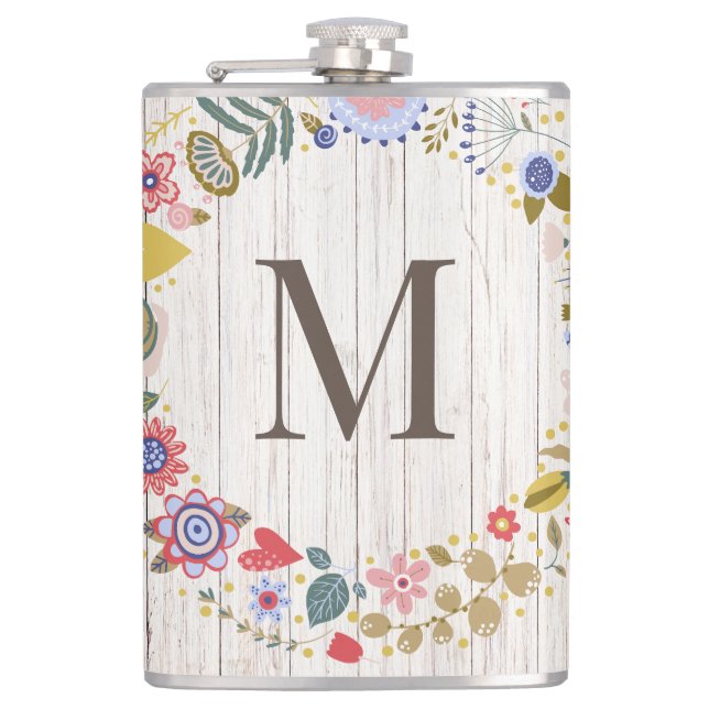Aged Wood Monogram whimsical Flowers Hip Flask (Front)