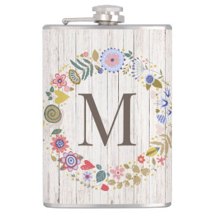 Aged Wood Monogram whimsical Flowers Hip Flask