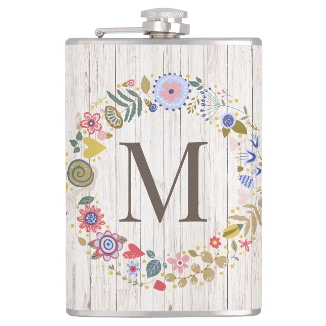 Aged Wood Monogram whimsical Flowers Hip Flask (Front)