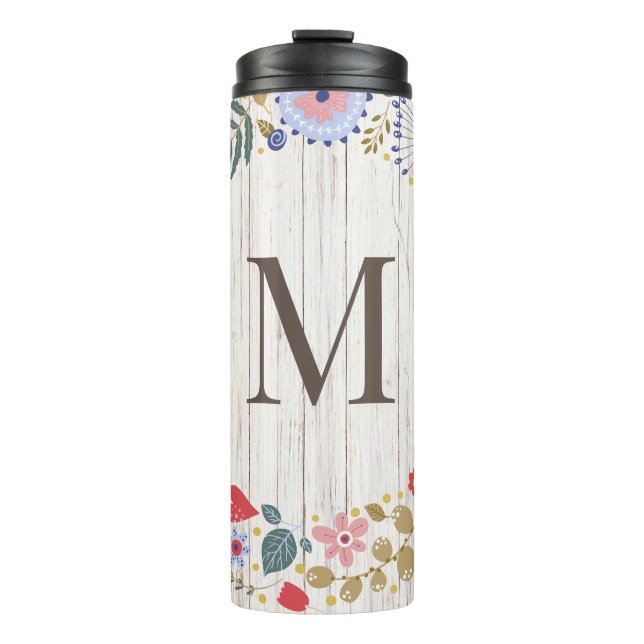 Aged Wood Monogram whimsical Flowers Thermal Tumbler (Front)
