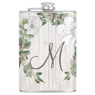 Aged Wood Monogram with Magnolias Wreath Hip Flask