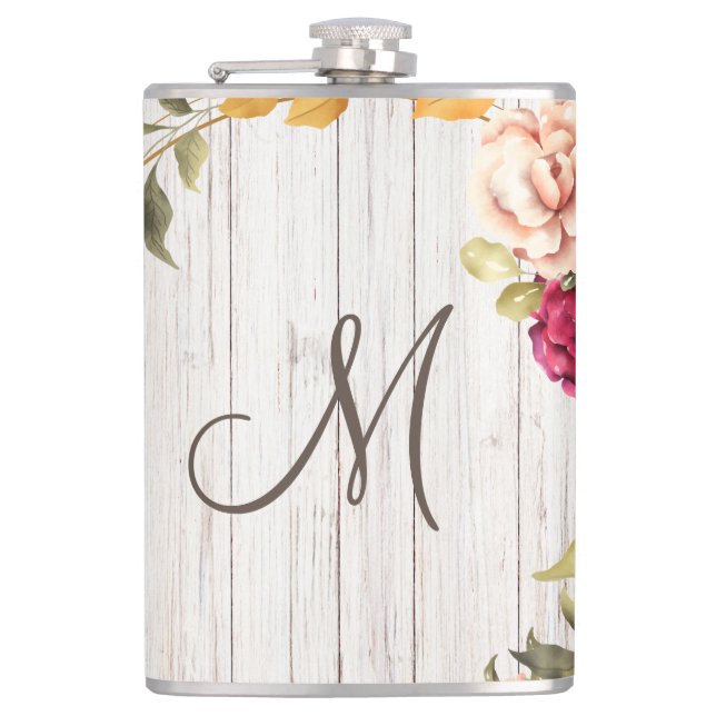 Aged Wood Monogram with Rose Bloom Wreath Hip Flask (Front)
