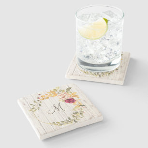 Aged Wood Monogram with Rose Bloom Wreath Stone Coaster