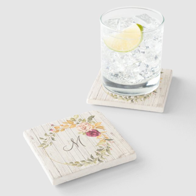 Aged Wood Monogram with Rose Bloom Wreath Stone Coaster (Side)