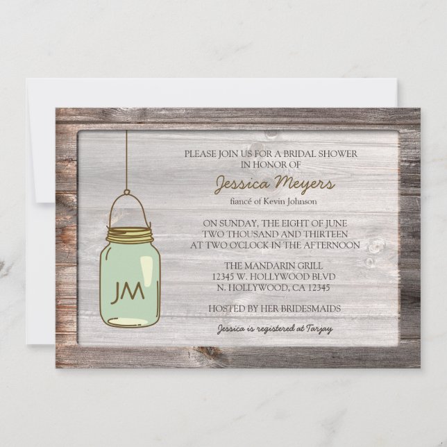 Aged Wood with Mason Jar Bridal Shower Invitation (Front)