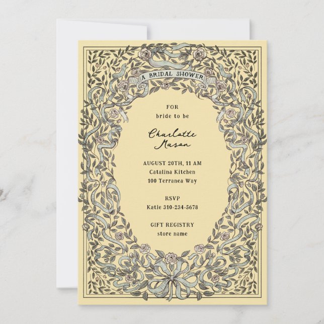 Aged Yellow Blue Ribbons and Roses Bridal Shower Invitation (Front)