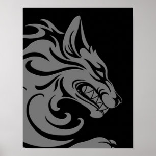Aggressive Grey and Black Tribal Wolf Poster