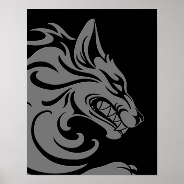 Aggressive Grey and Black Tribal Wolf Poster (Front)