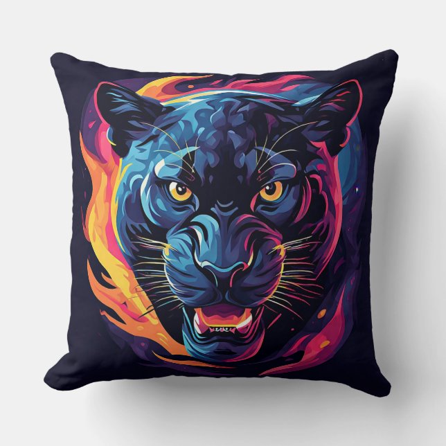 Aggressive Panther Artwork in Neon Colours Cushion (Front)
