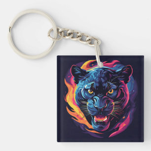 Aggressive Panther Artwork in Neon Colours Key Ring