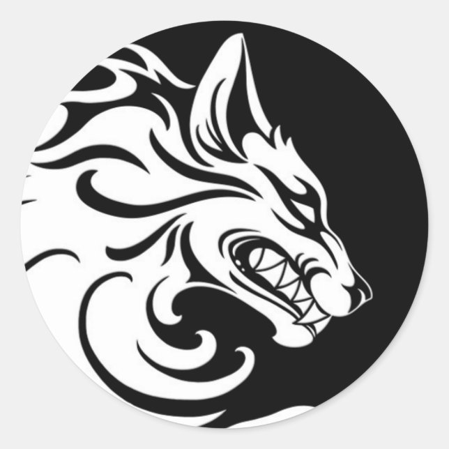 Aggressive White and Black Tribal Wolf Classic Round Sticker (Front)