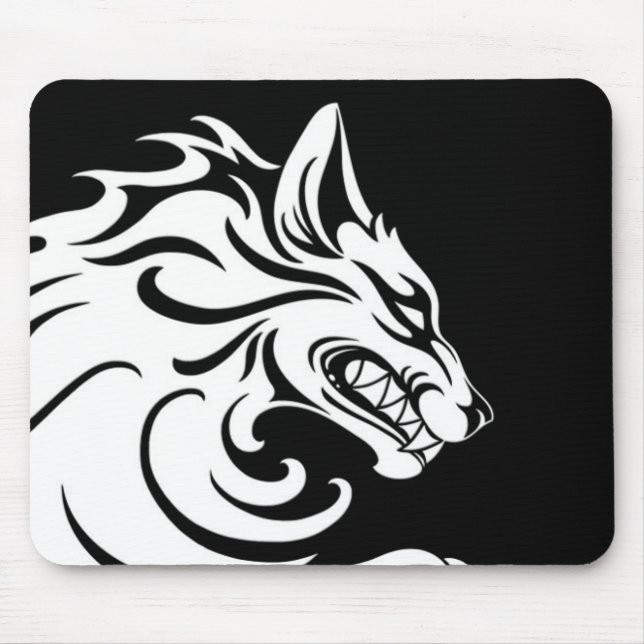 Aggressive White and Black Tribal Wolf Mouse Mat (Front)