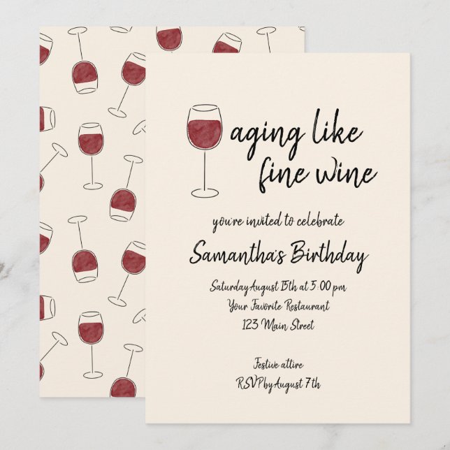 Aging Like Fine Wine Red Wine Glass Birthday Invitation (Front/Back)