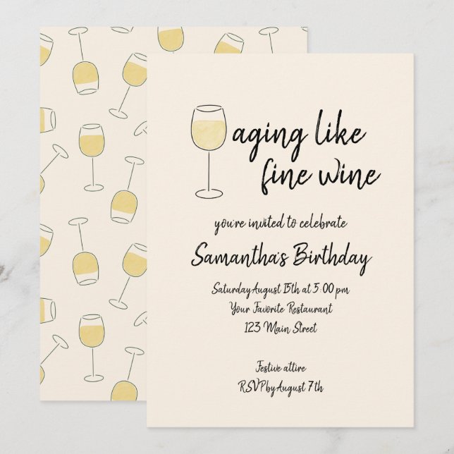 Aging Like Fine Wine White Wine Glass Birthday Invitation (Front/Back)