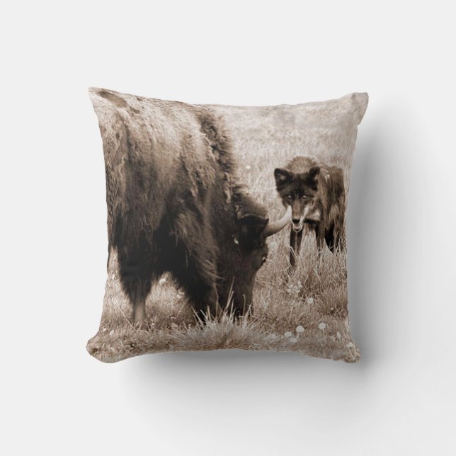 Agressive bison and black wolf cushion (Front)