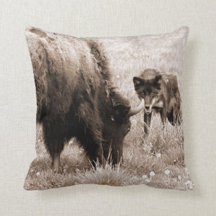 Agressive bison and black wolf cushion