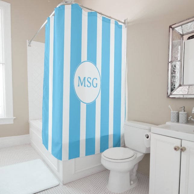Agua Blue and White Cabana  Striped Monogram Shower Curtain (In Situ)