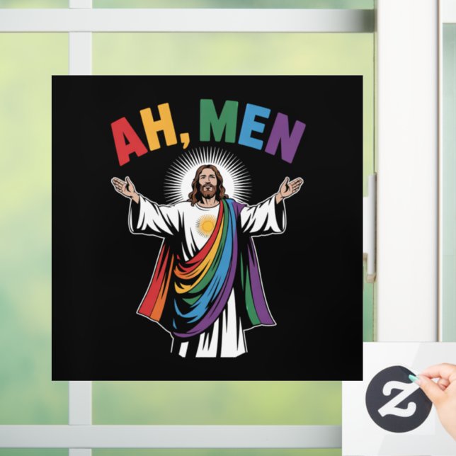 Ah Men Funny Jesus LGBTQ Gay Pride Rainbow Window Cling (Home)