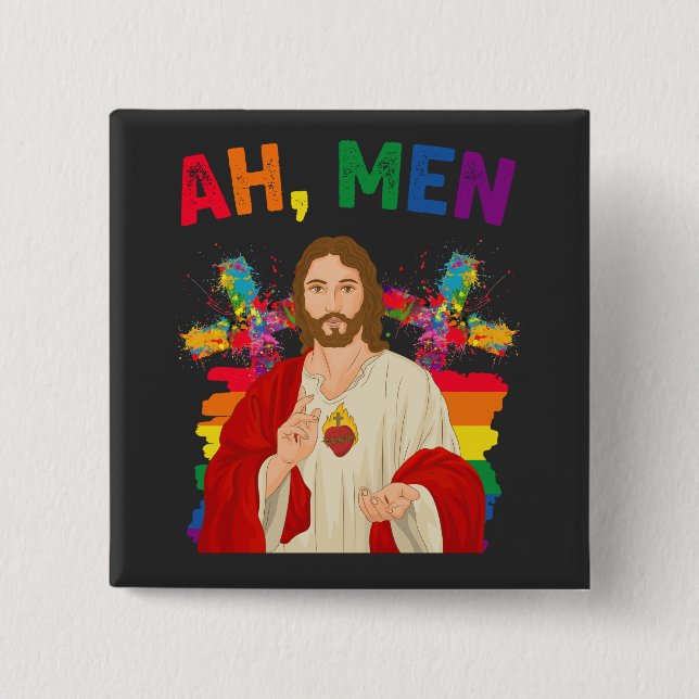 Ah Men Funny LGBT Gay Pride Jesus Christian 15 Cm Square Badge (Front)