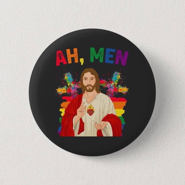 Ah Men Funny LGBT Gay Pride Jesus Christian 6 Cm Round Badge (Front)
