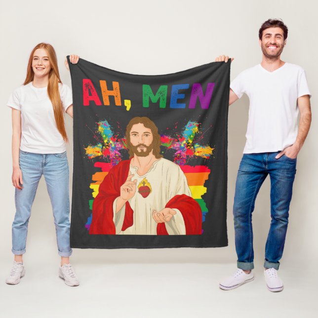 Ah Men Funny LGBT Gay Pride Jesus Christian Fleece Blanket (In Situ)