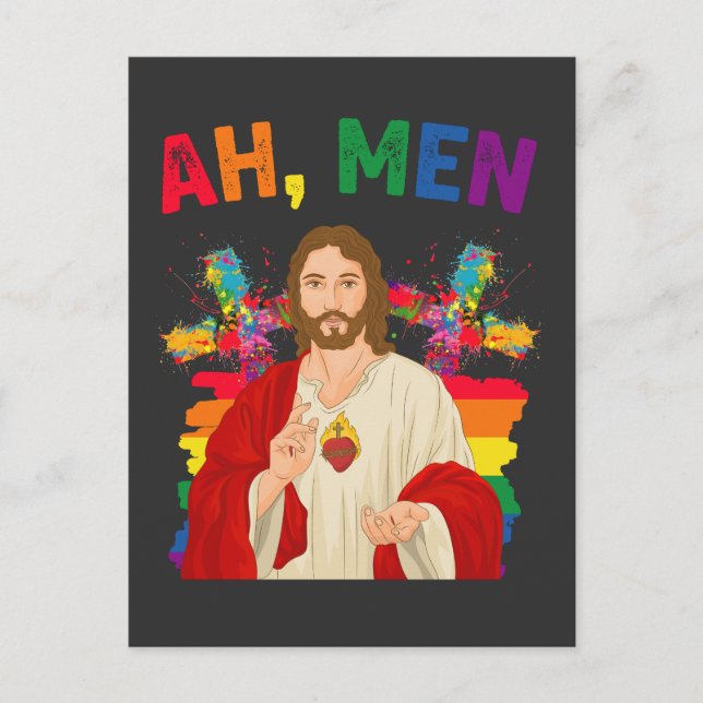 Ah Men Funny LGBT Gay Pride Jesus Christian Postcard (Front)
