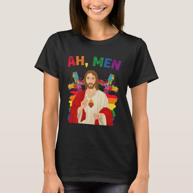 Ah Men Funny LGBT Gay Pride Jesus Christian T-Shirt (Front)