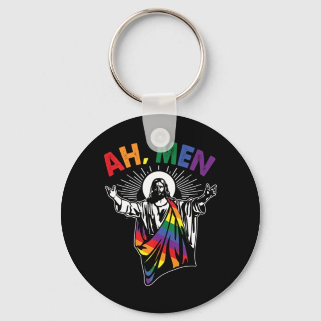 Ah Men Funny LGBT Gay Pride Jesus Rainbow Flag Chr Key Ring (Front)