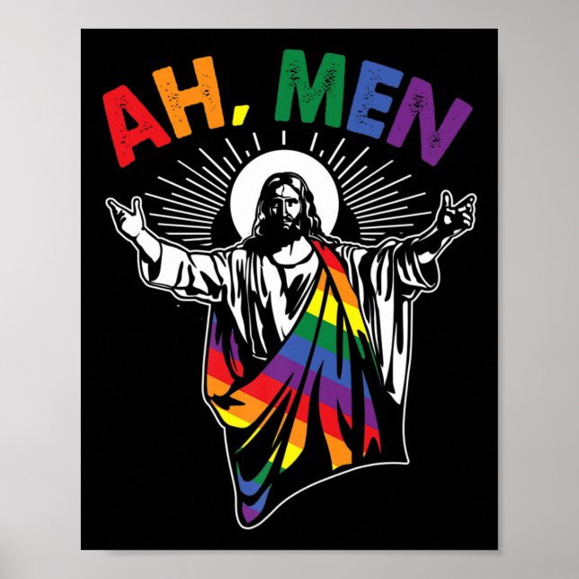Ah Men Funny LGBT Gay Pride Jesus Rainbow Flag Chr Poster (Front)