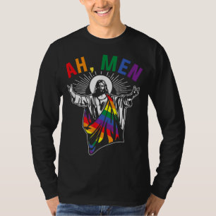 Ah Men Funny LGBT Gay Pride Jesus Rainbow Flag Chr T-Shirt