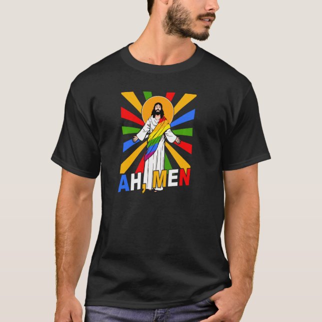Ah Men Funny Lgbt Gay Pride Jesus Rainbow Flag Chr T-Shirt (Front)