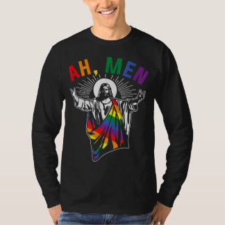 Ah Men Funny LGBT Gay Pride Jesus Rainbow Flag Chr T-Shirt