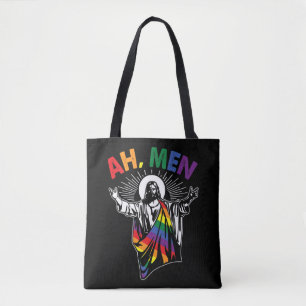 Ah Men Funny LGBT Gay Pride Jesus Rainbow Flag Chr Tote Bag