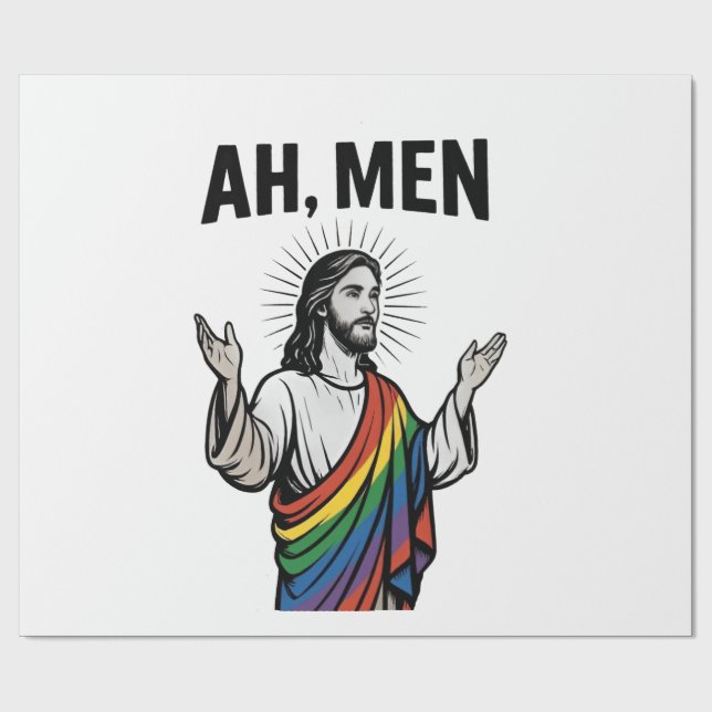 Ah Men Funny LGBT Gay Pride Jesus Rainbow Wrapping Paper (Flat)