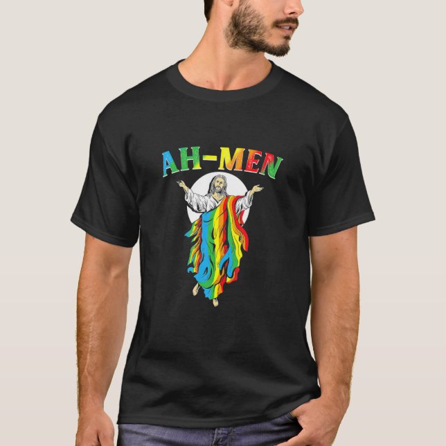 Ah Men Jesus LGBT Gay Pride Jesus Rainbow Flag T-Shirt (Front)
