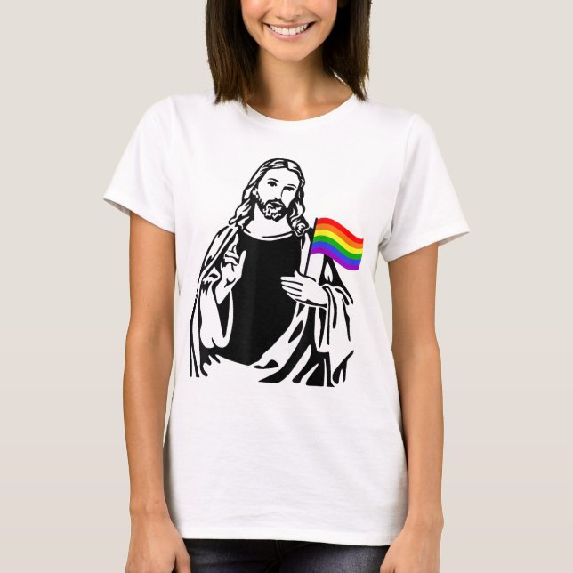 Ah Men LGBT Gay Lesbian Pride Jesus Rainbow Flag C T-Shirt (Front)
