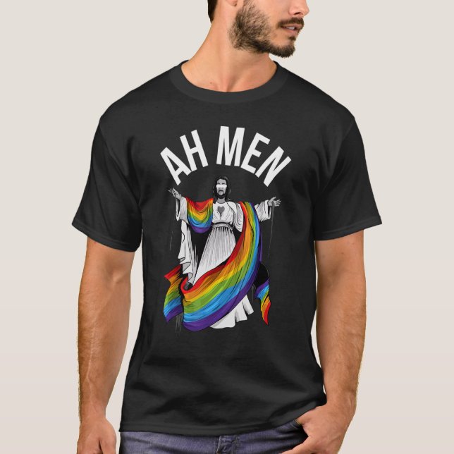 Ah Men Rainbow Gay Jesus Christian Lgbt Pride Flag T-Shirt (Front)