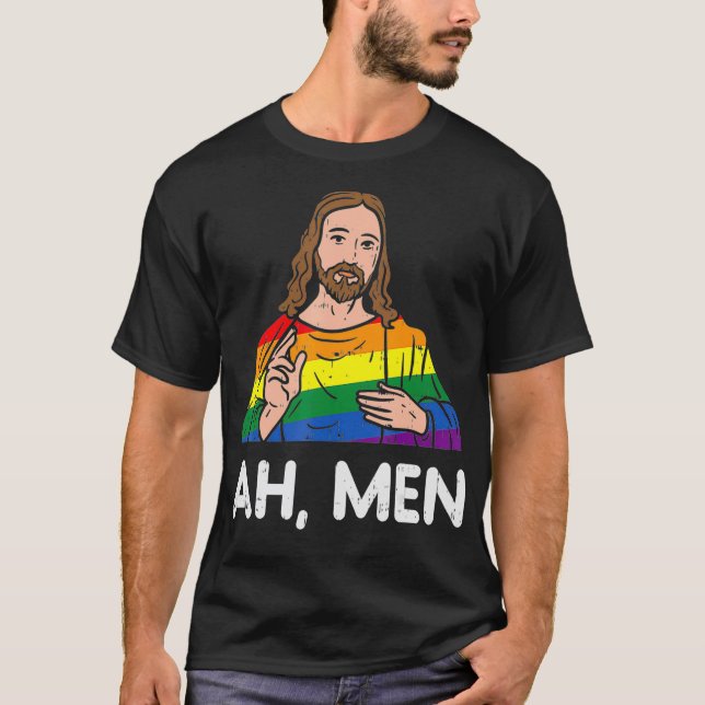 Ah Men Rainbow Gay Jesus Christian LGBT Pride Flag T-Shirt (Front)