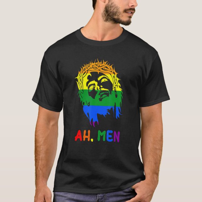 Ah Men Rainbow LGBTQ Pride Flag Gay Jesus Christia T-Shirt (Front)
