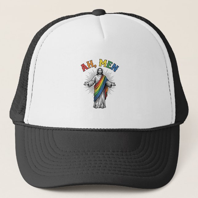 Ah Men Rainbow Religious Vintage Trucker Hat (Front)