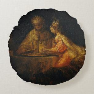 Ahasuerus Haman Esther Rembrandt Biblical Baroque Round Cushion