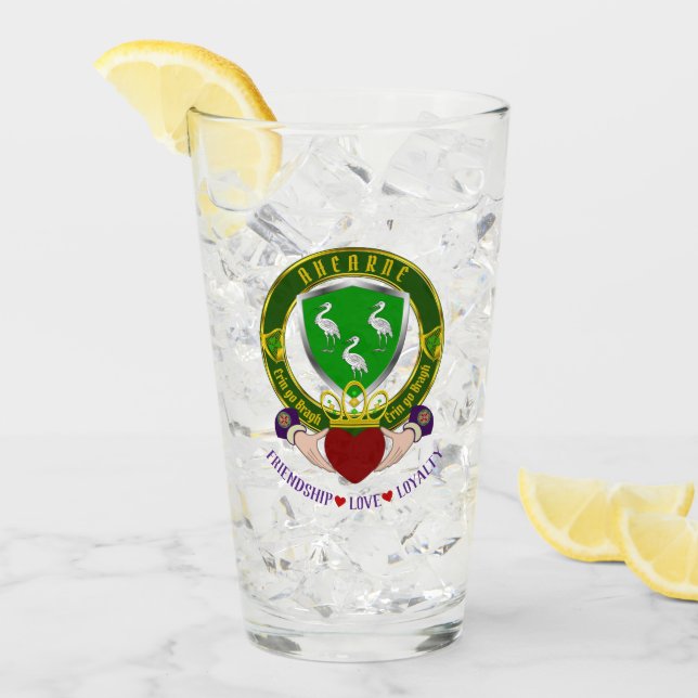 Ahearne Irish Shield & Claddagh Beer Glass (Front Ice)