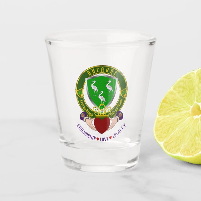 Ahearne Irish Shield & Claddagh Shot Glass (Front)
