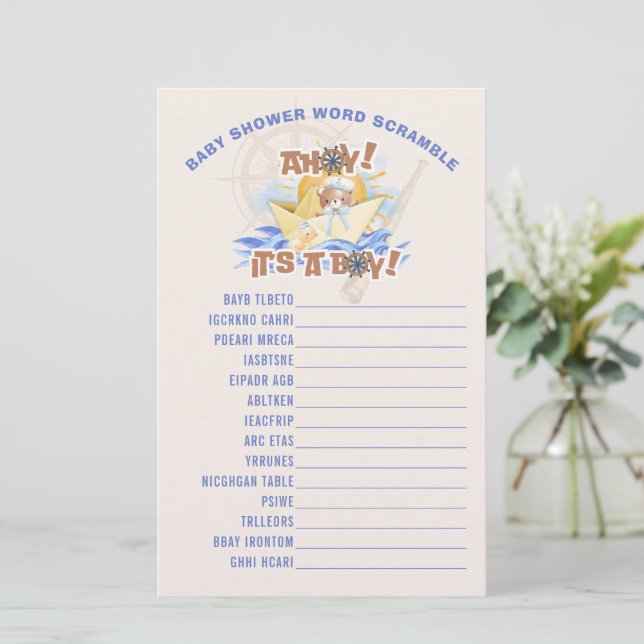 Ahoy! Baby Boy Shower Word Scramble Game Card (Standing Front)