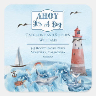 Ahoy Boy Lighthouse Baby Shower Return Address Square Sticker